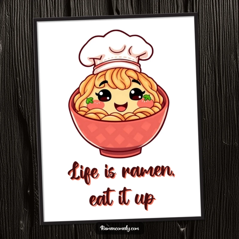 Funny Free Printable Wall Art: A happy ramen bowl with a little chef hat radiating joy and culinary delight.