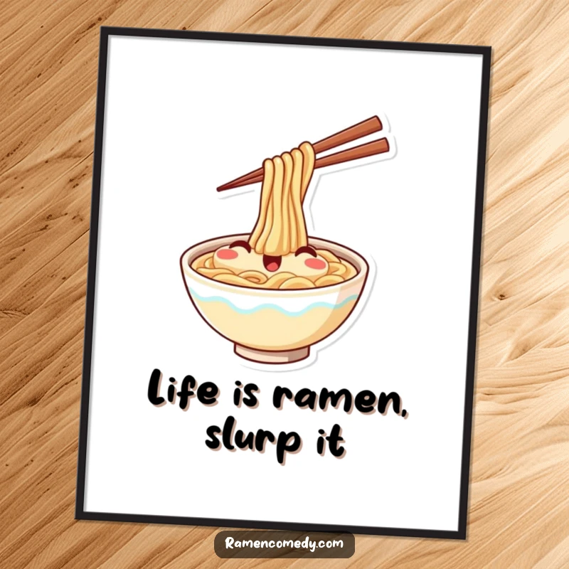 Funny Free Printable Wall Art: A smiling ramen bowl joyfully waves with chopsticks, bringing foodie vibes. Unique downloadable art.