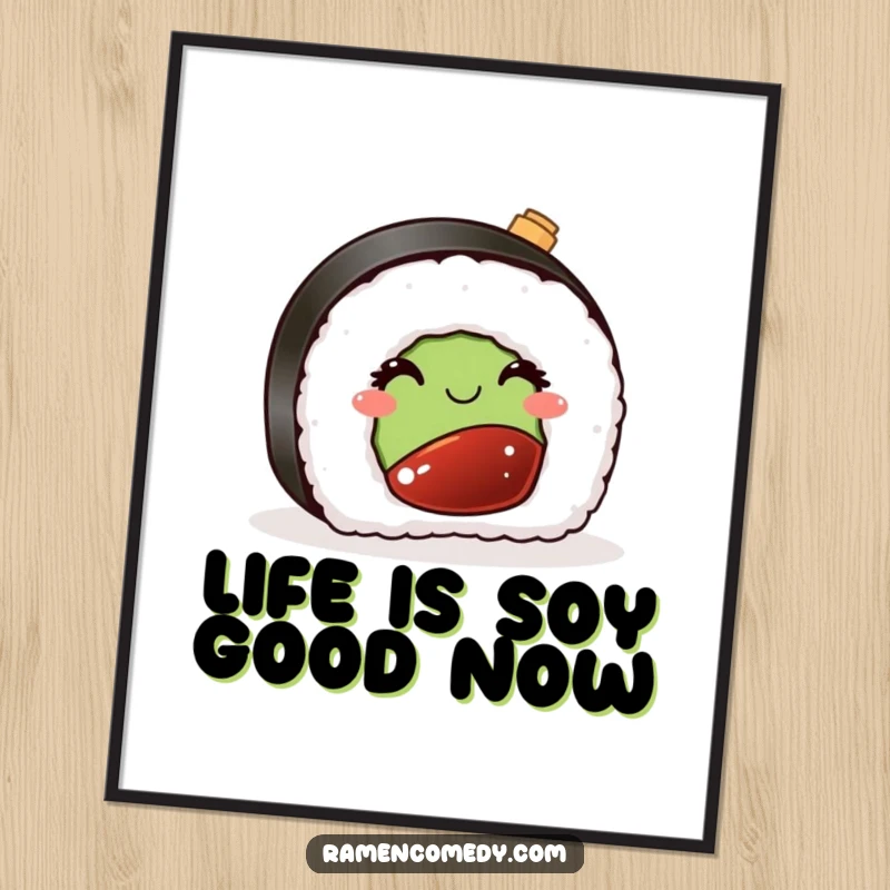 Funny Free Printable Wall Art: A piece of sushi gives a knowing wink, accompanied by a tiny soy sauce bottle. Unique downloadable art.