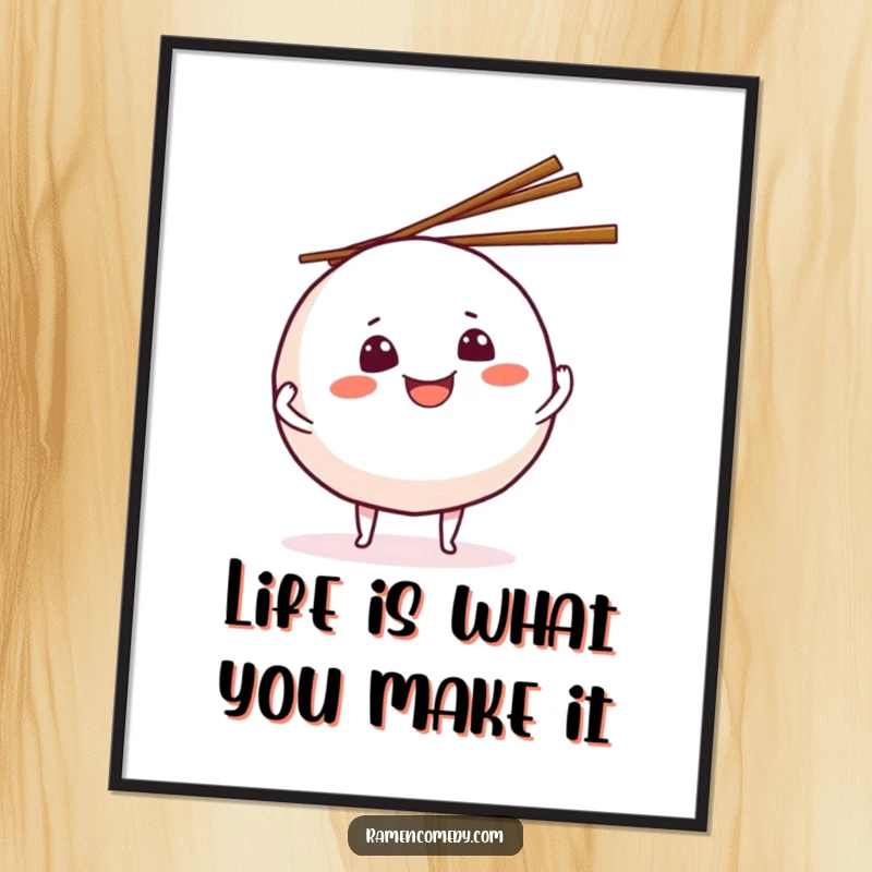 Funny Free Printable Wall Art: A grinning onigiri ball character expertly juggling chopsticks. Whimsical downloadable art.