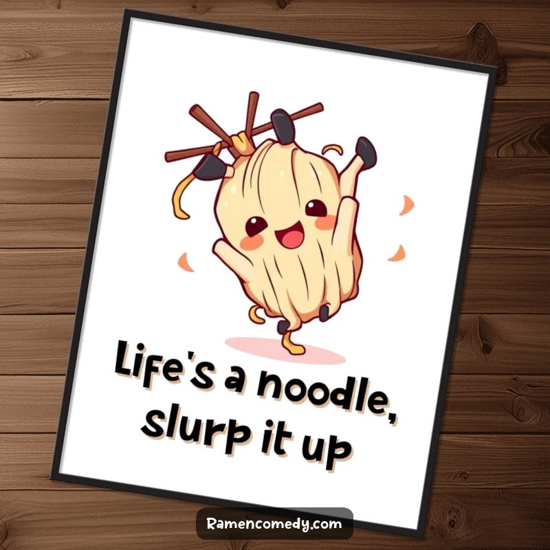 Funny Free Printable Wall Art: A delighted ramen noodle character in a joyful somersault, adding quirky fun and energy to your decor.