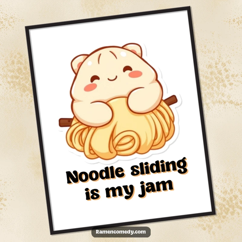 Cute Free Printable Wall Art: Smiling dumpling character with rosy cheeks happily sliding down a long noodle.