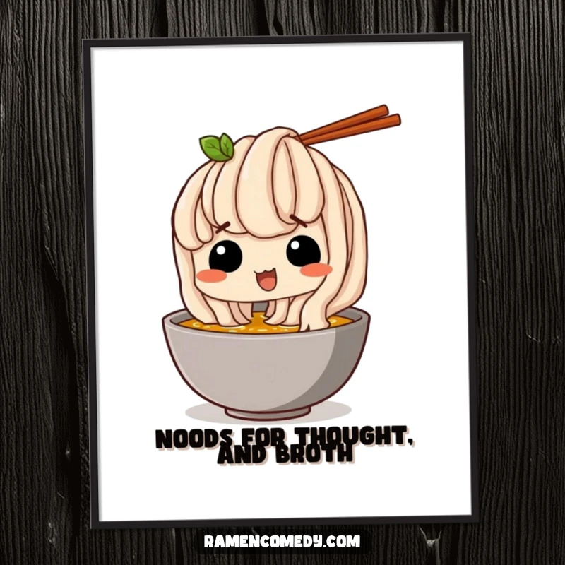Funny Free Printable Wall Art featuring a happy udon noodle sneaking a sip of broth, evoking warmth and comfort.