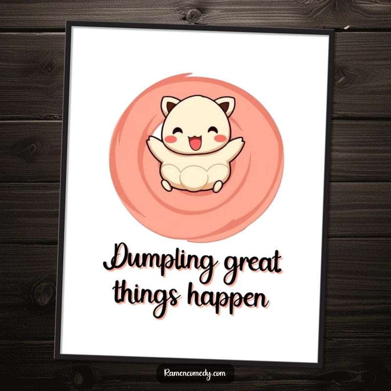 Funny Free Printable Wall Art: A happy dumpling hops with joy on a colorful naruto swirl. Unique downloadable art.