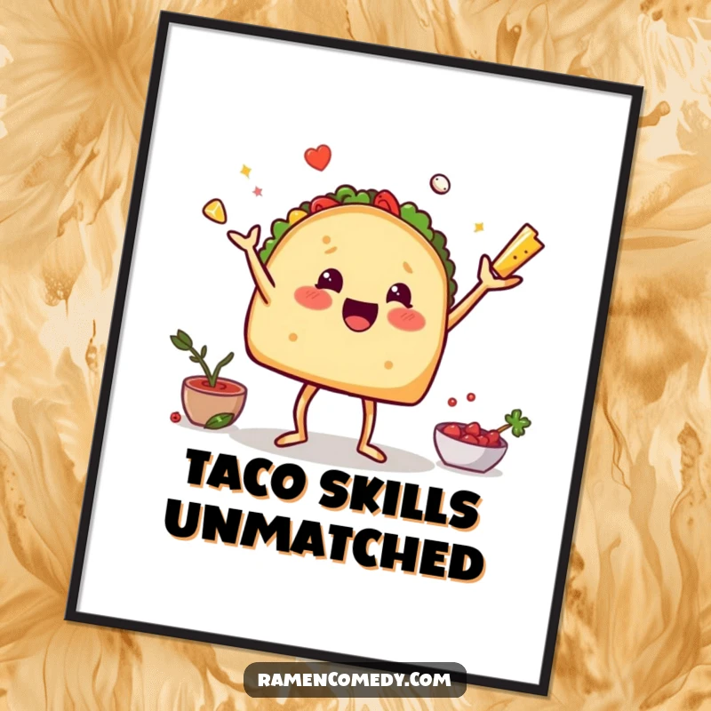 Funny Free Printable Wall Art: A taco with legs energetically juggles a variety of ingredients, bringing kitchen humor to any room.