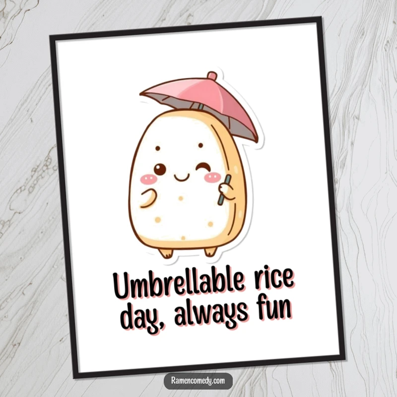 Funny Free Printable Wall Art: A grinning onigiri character holding a tiny umbrella, exuding cheerful and quirky vibes for your wall.