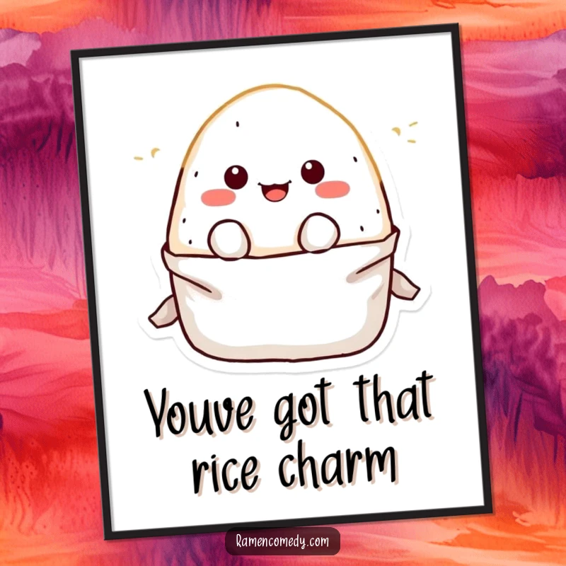 Funny Free Printable Wall Art: A cute and happy onigiri character playfully bursting out of its wrapper, adding joy to decor.