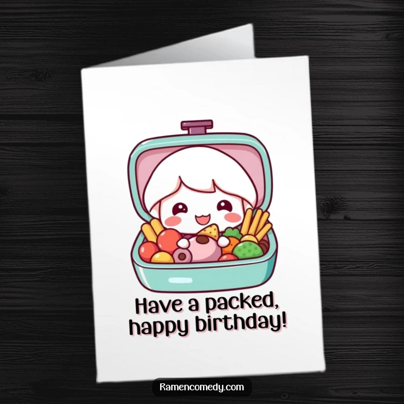 Funny Free Printable birthday card featuring a smiling bento box character opening to reveal vibrant, delicious food, celebrating a special occasion.