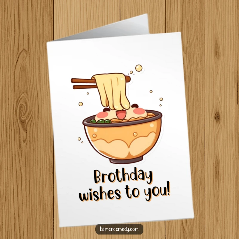 Funny Free Printable Birthday Card: Bubbling ramen broth character energetically throwing a big splash of surprise.