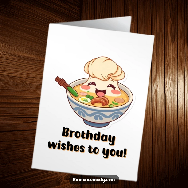 Funny free printable birthday card with a smiling ramen broth character beaming broadly from its bowl, wishing you joy.