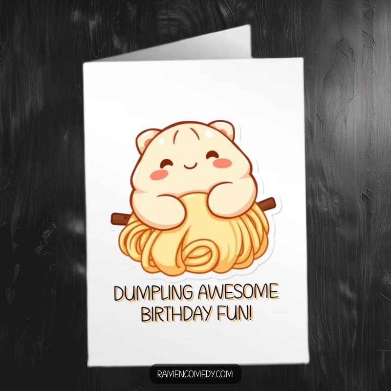 Cute Free Printable Birthday Card: Smiling dumpling character with rosy cheeks joyfully sliding down a long noodle.