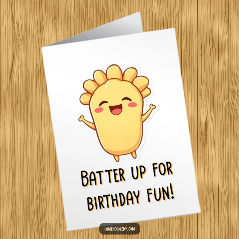 Funny Free Printable Birthday Card: A bouncing piece of tempura character with a wonderfully delighted expression, celebrating.