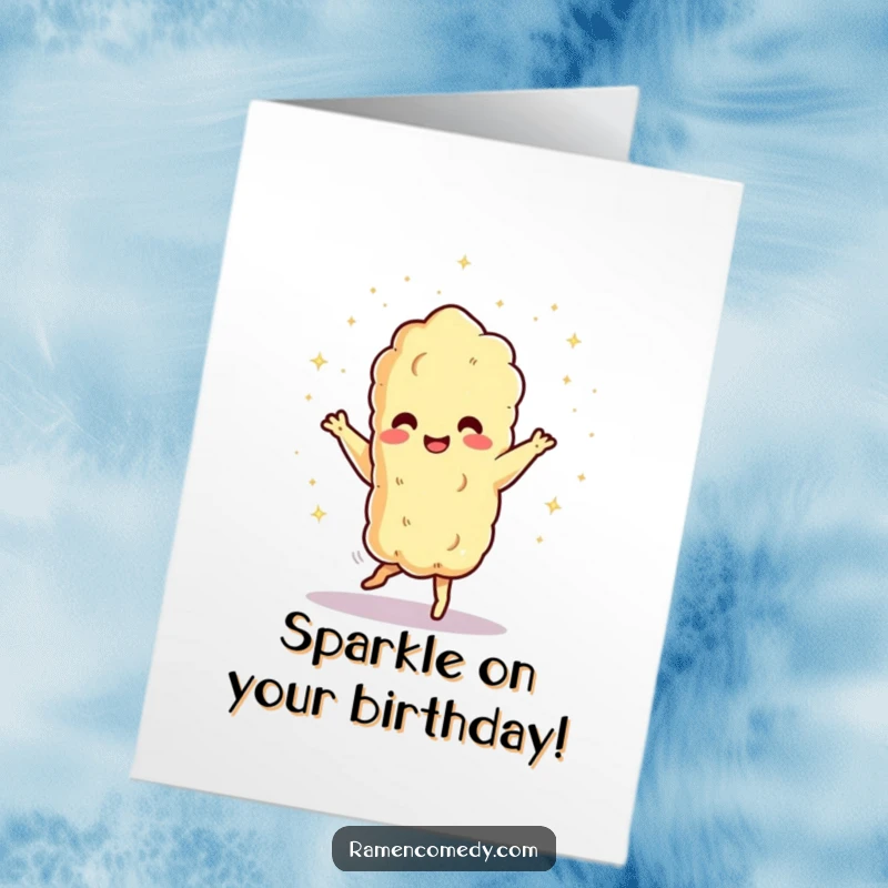 Funny Free Printable Birthday Card: A joyful tempura character dances energetically, showering tiny, celebratory sparks. Downloadable art.