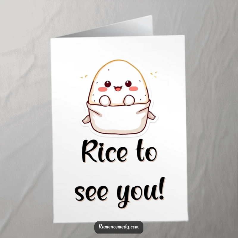 Funny Free Printable Birthday Card: A smiling onigiri character joyfully bursting out of its wrapper, ready to celebrate.