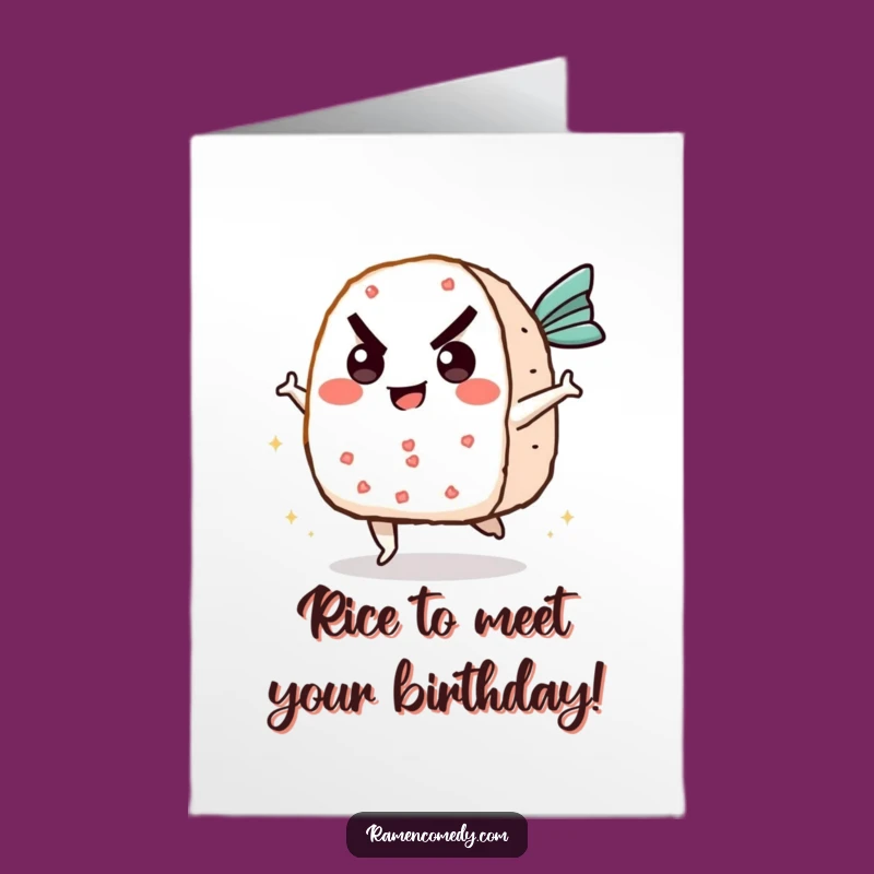 Free Printable Birthday Card: Funny Onigiri Kicking Fish Cake - Hilarious Downloadable Gift
