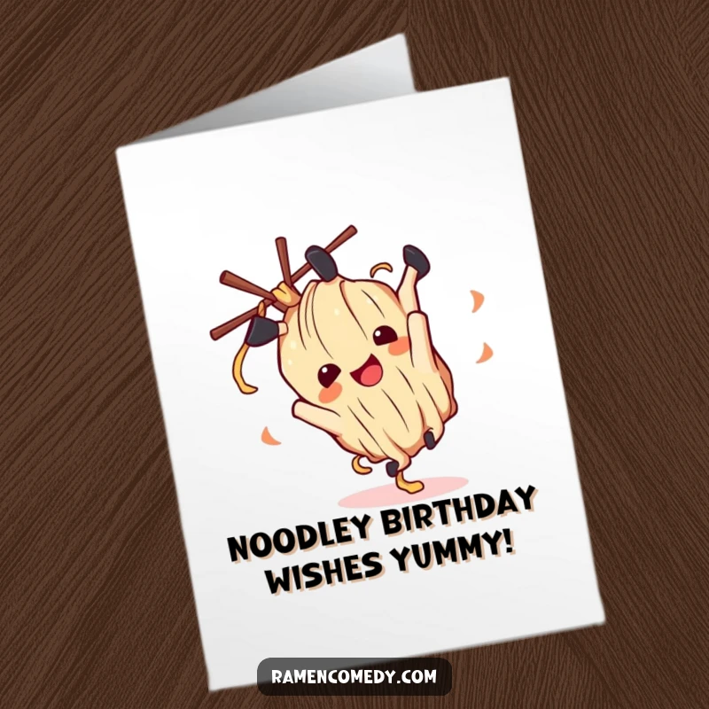 Funny Free Printable Birthday Card featuring a delighted ramen noodle character performing a joyful somersault, perfect for a playful celebration.