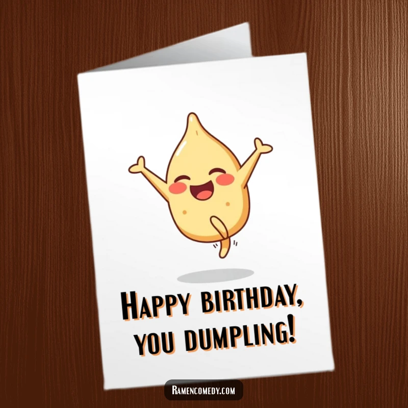 Funny Free Printable Birthday Card: Smiling gyoza character joyfully performs a cartwheel, celebrating a birthday gift.