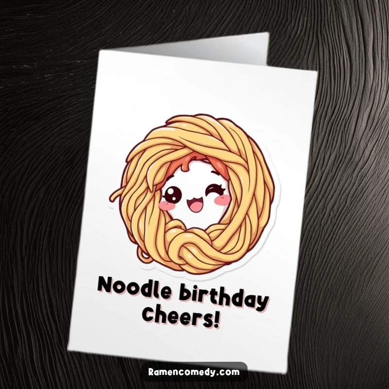 Funny Free Printable Birthday Card: An excited ramen noodle character happily curls itself into a perfect loop.