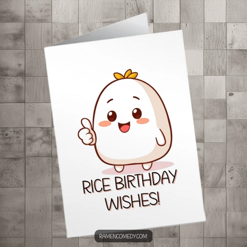 Funny Free Printable Birthday Card: A smiling onigiri character gives a big, enthusiastic thumbs up.