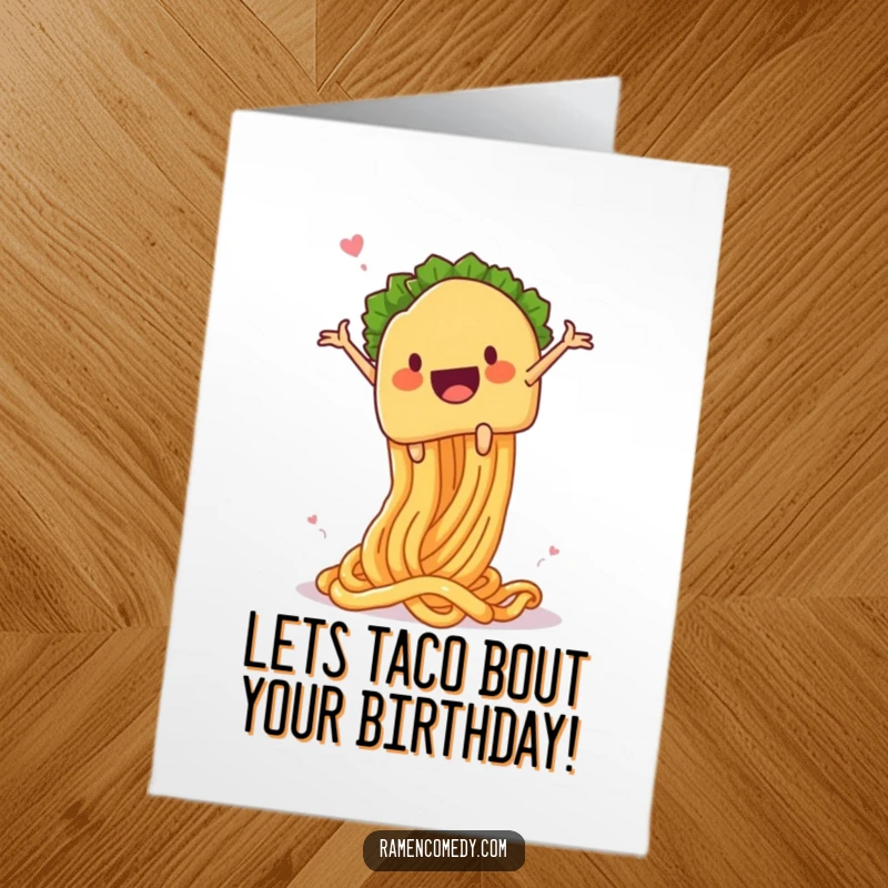 Funny Free Printable Birthday Card: Taco character gleefully launching from a giant, springy noodle, ready for a birthday party.