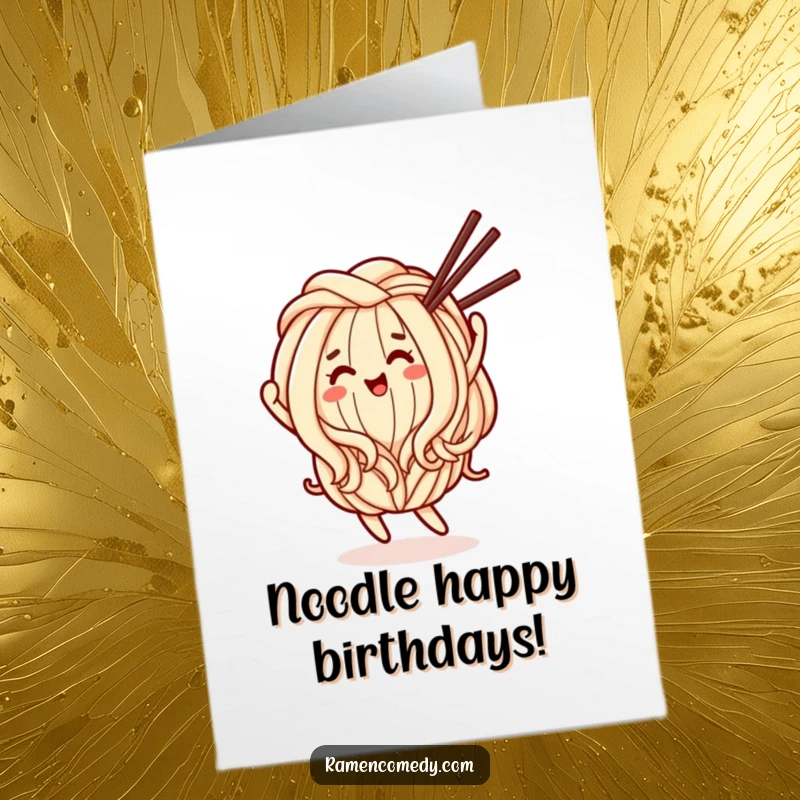 Funny free printable birthday card: a happy udon noodle character dances joyfully, holding chopsticks.