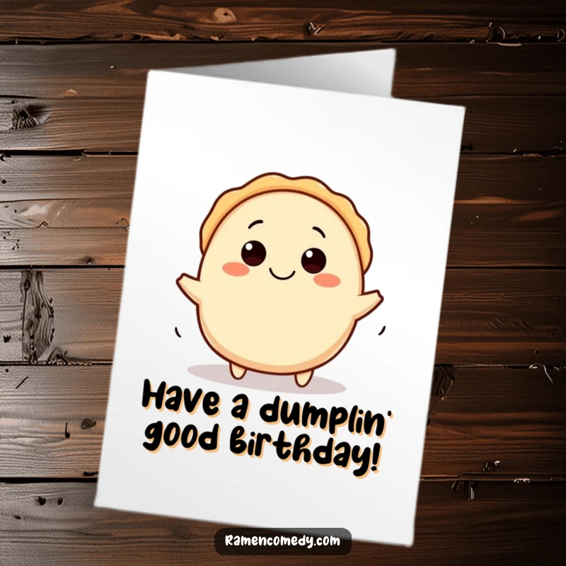 Funny Free Printable Gyoza Birthday Card: Happy dumpling character rolling joyfully, a downloadable gift.
