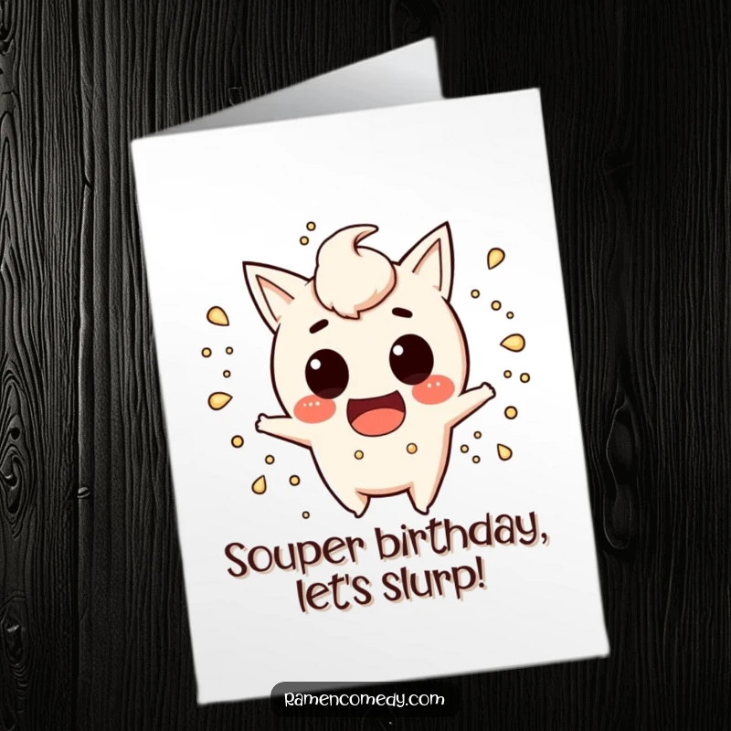 Funny Free Printable Miso Soup Birthday Card: Mischievous character playfully splashing soup, a downloadable gift.