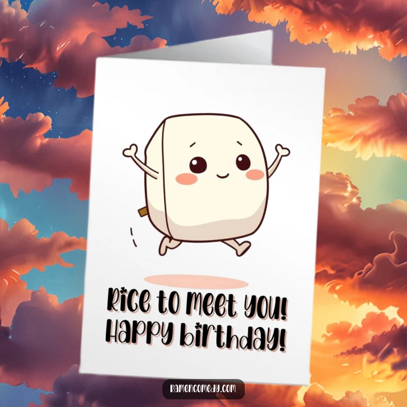 Funny Free Printable Birthday Card: Smiling onigiri character mid-leap with joy, celebrating a happy birthday with rice ball flair.