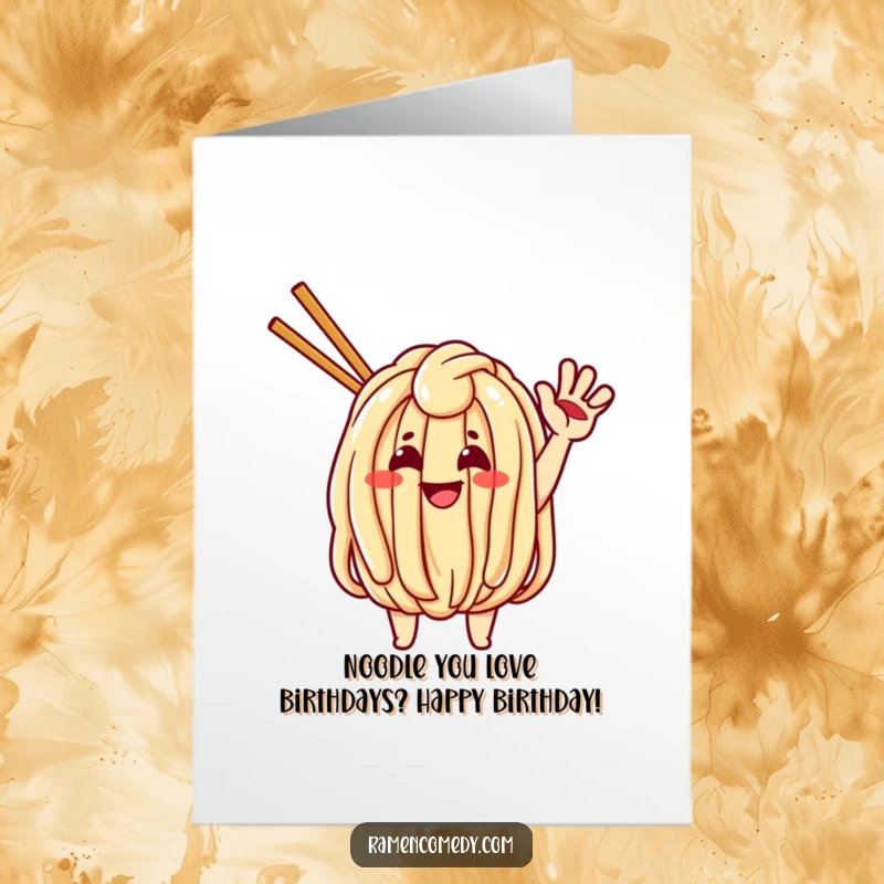 Funny Free Printable Birthday Card: Cheerful udon noodle character waving enthusiastically, sending birthday wishes with a smile.