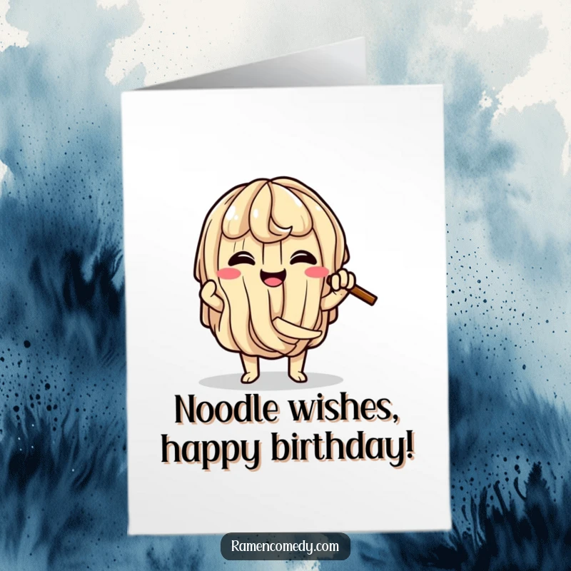 Funny Free Printable Ramen Birthday Card: A happy ramen noodle character comically knotting itself.