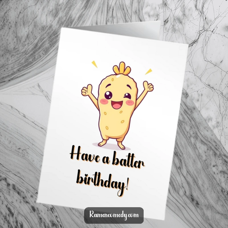 Funny Free Printable Birthday Card: A cheerful tempura character striking a proud, victorious pose, celebrating success.