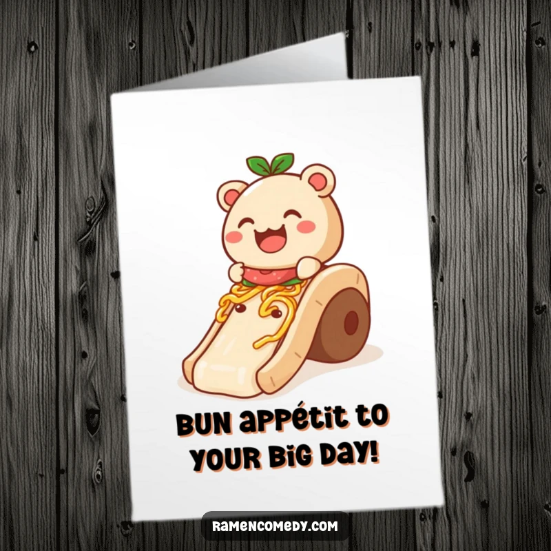 Funny Free Printable Birthday Card with a smiling bao bun gleefully sliding down a noodle slide, embodying pure birthday joy.