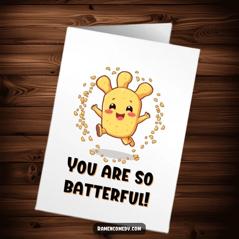 Funny Free Printable Birthday Card showing a cheerful tempura character excitedly leaping through a sesame seed ring, celebrating.