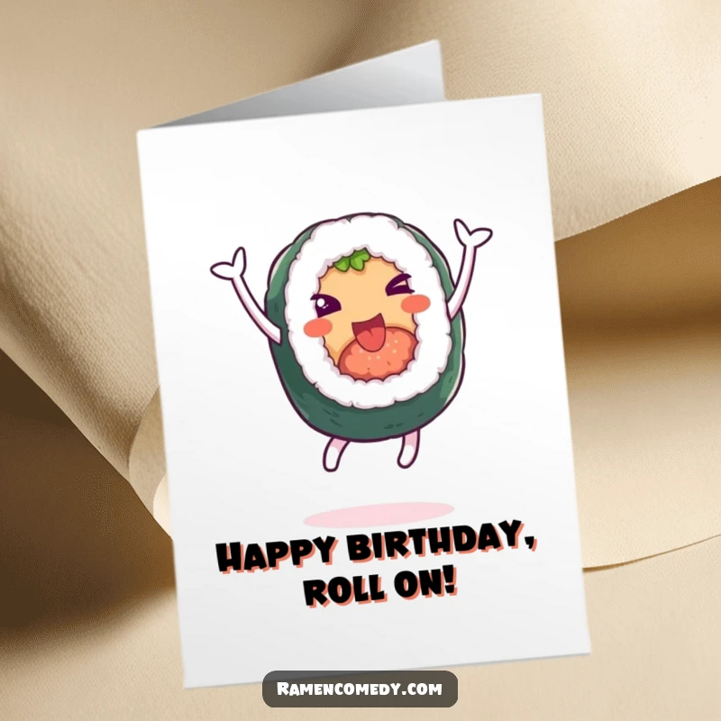 Funny Free Printable Birthday Card: Cheerful sushi roll character leaps high in the air, celebrating a birthday gift.