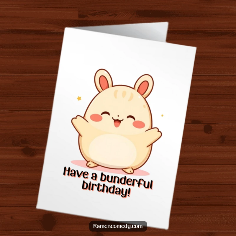 Funny Free Printable Birthday Card: Happy bao bun character offering a warm, comforting embrace. Sweet downloadable gift.