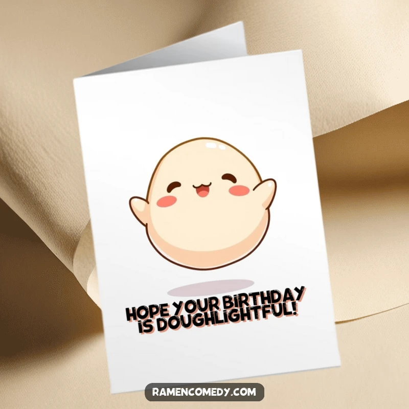 Funny Free Printable Birthday Card: A cartoonish dumpling happily bounces like a tiny ball, bringing festive birthday energy.