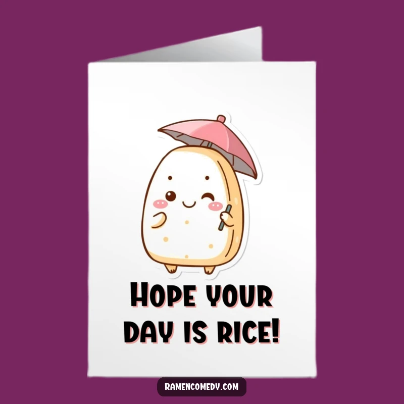 Free Printable Birthday Card: Grinning Onigiri With Umbrella, Funny Downloadable Gift