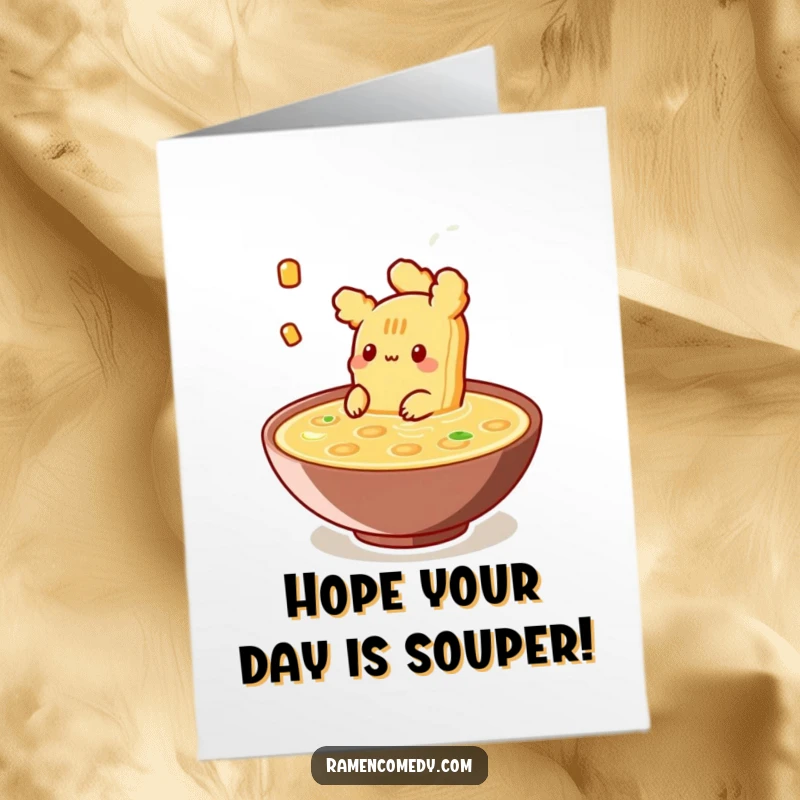 Funny free printable birthday card featuring a happy Tempura character peacefully floating in a bowl of broth.