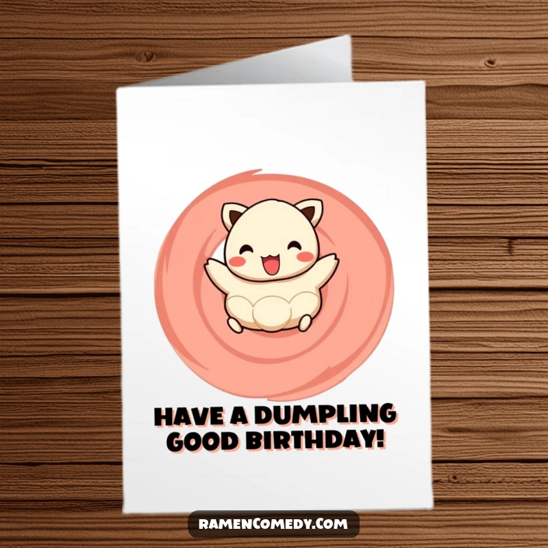 Funny Free Printable Birthday Card: A happy dumpling cheerfully hops on a vibrant naruto swirl, full of birthday energy. Cute downloadable gift.