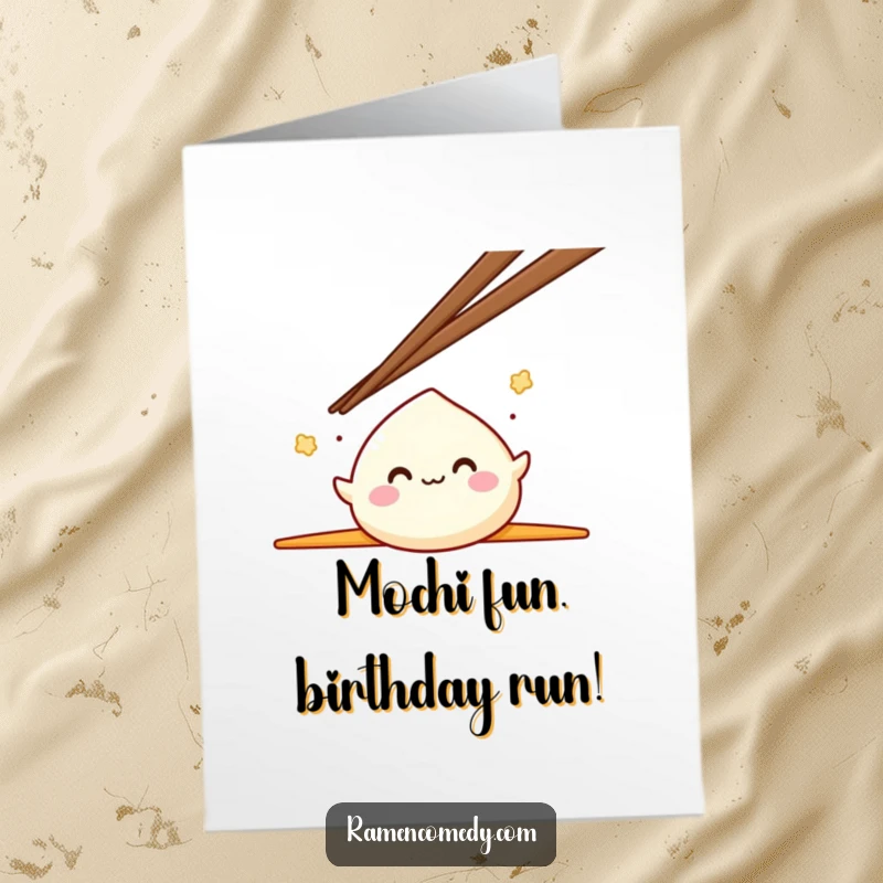 Funny Free Printable Mochi Birthday Card: A smiling mochi character joyfully bouncing between giant chopsticks.