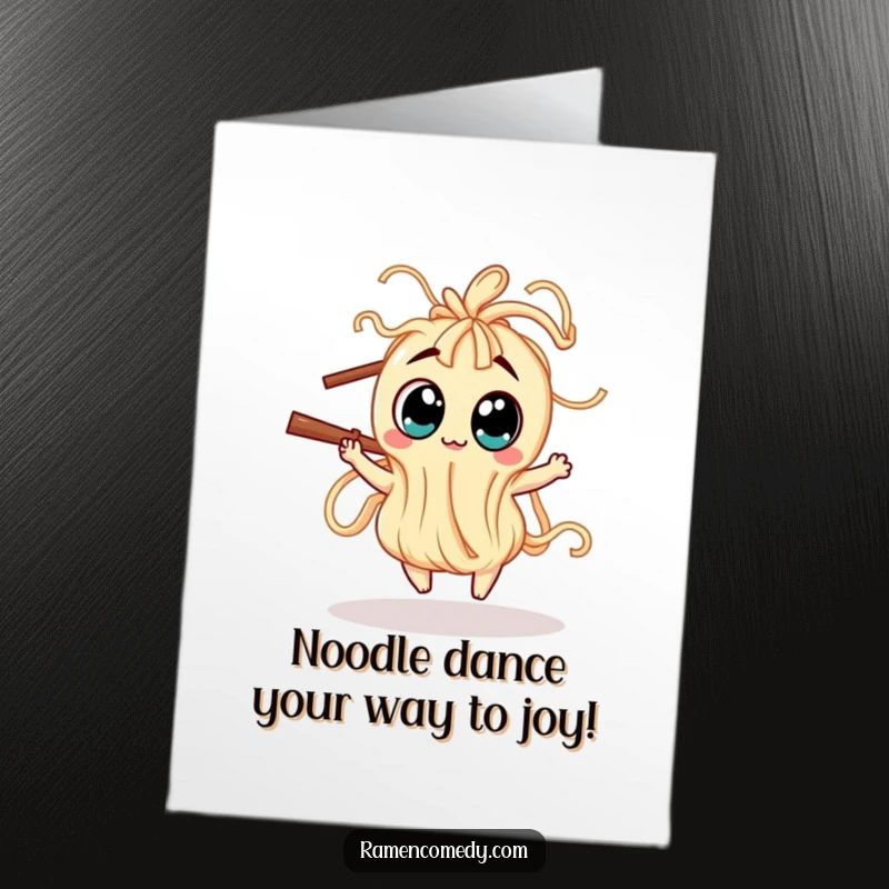 Funny Free Printable Birthday Card: A wiggly noodle creature with enormous eyes dances playfully around a chopstick, celebrating happily.