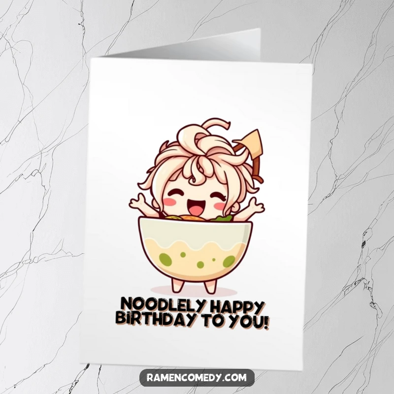 Funny Free Printable Birthday Card: Happy ramen bowl character with noodle hair joyfully dances, celebrating a birthday gift.