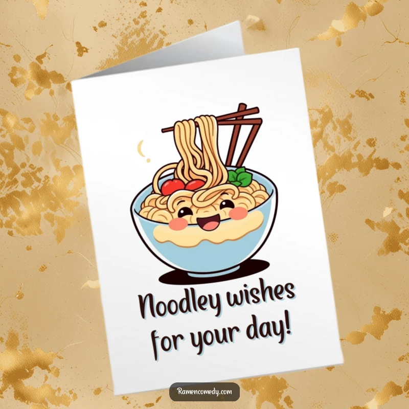 Funny free printable birthday card with a happy, wiggling bowl of noodles celebrating with confetti, perfect for any noodle lover.