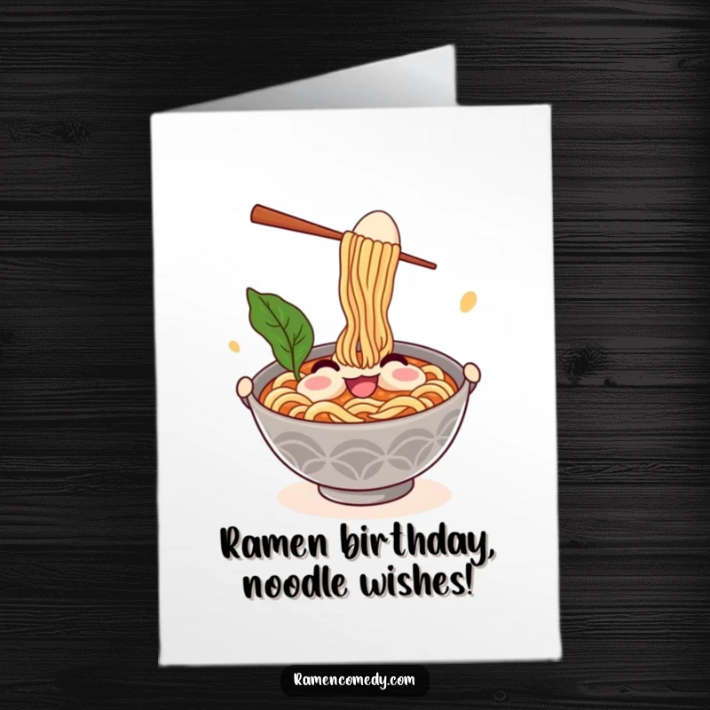 Funny Free Printable Birthday Card featuring a smiling ramen bowl comically juggling chopsticks and an egg, perfect for a laugh.