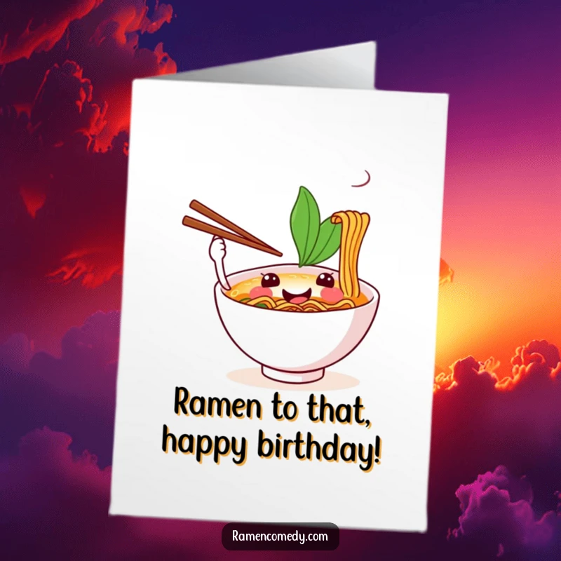 Funny Free Printable Birthday Card: A smiling ramen bowl happily juggles chopsticks, ready to celebrate a fantastic birthday.