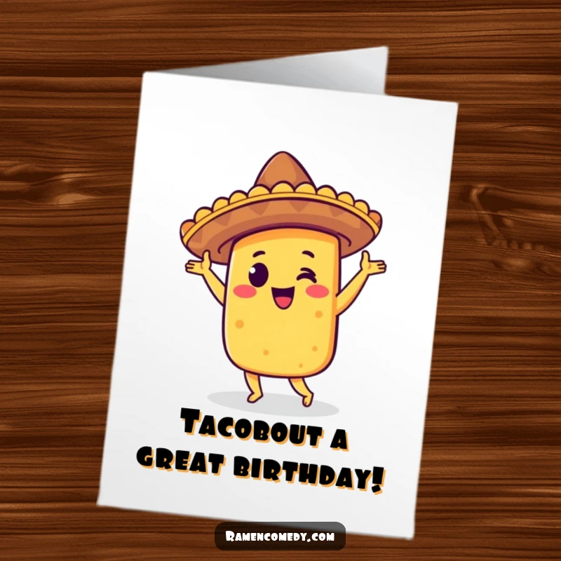 Funny Free Printable birthday card showing a smiling taco character in a sombrero doing a happy jig, embodying pure birthday fiesta.
