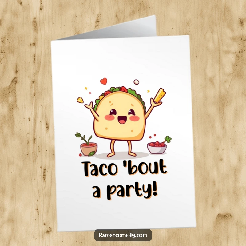 Funny Free Printable Birthday Card featuring a taco with legs excitedly juggling tacos, peppers, and limes for a festive celebration.
