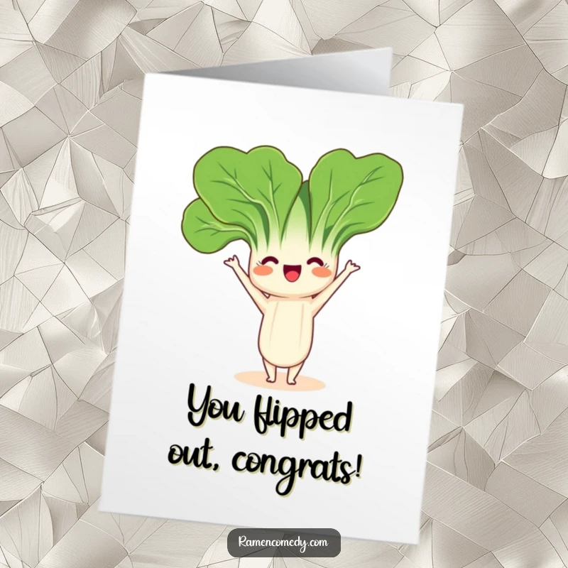 Funny Free Printable Bok Choy Congratulations Card: A cheerful bok choy character balancing in a headstand.