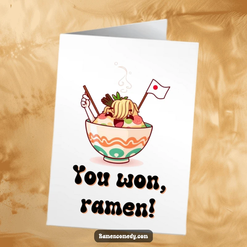 Free Printable Congratulations Card: A steaming ramen bowl character excitedly waves a festive flag.