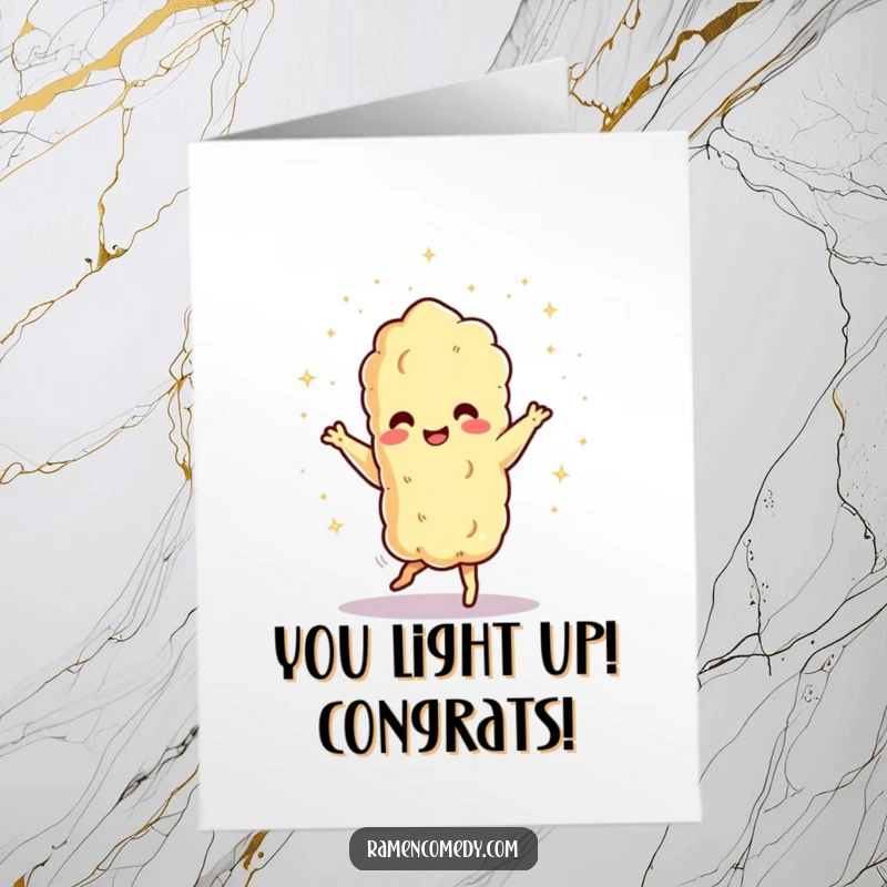 Funny Free Printable Congrats Card: A lively tempura character dances with flair, showering tiny sparks of congratulation. Downloadable art.